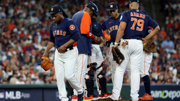 Oct 16, 2023; Houston, Texas, USA; Houston Astros starting pitcher Framber Valdez (59) is relieved in the second inning against the Texas Rangers during game two of the ALCS for the 2023 MLB playoffs at Minute Maid Park. Mandatory Credit: Thomas Shea-USA TODAY Sports