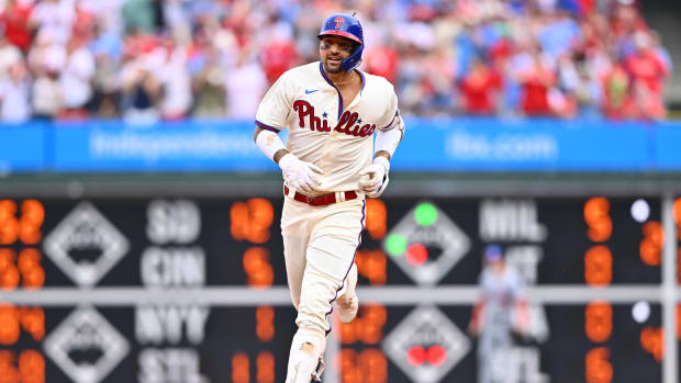 Jul 1, 2023; Philadelphia, Pennsylvania, USA; Philadelphia Phillies outfielder Nick Castellanos (8) rounds the bases after hitting a two-run home run against the Washington Nationals in the fourth inning at Citizens Bank Park. Mandatory Credit: Kyle Ross-USA TODAY Sports