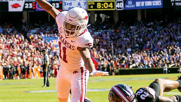 Arkansas Razorbacks defensive back Jaylon Braxton breaks up a pass intended Florida Gators wide receiver Kahleil Jackson.