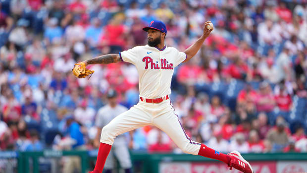 Apr 22, 2023; Philadelphia, Pennsylvania, USA; Philadelphia Phillies pitcher Cristopher Sanchez (61) delivers a pitch against the Colorado Rockies during the first inning at Citizens Bank Park. Mandatory Credit: Gregory Fisher-USA TODAY Sports