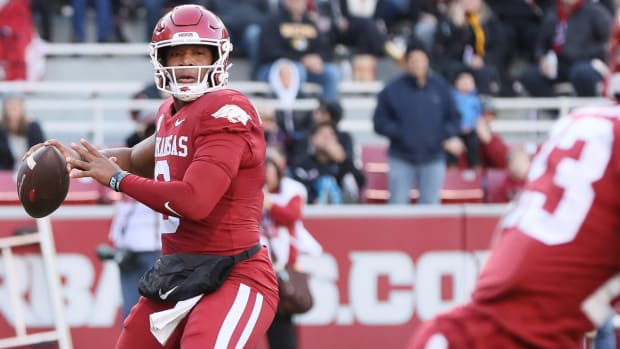Arkansas quarterback Jacolby Criswell sets up to throw in a blowout loss to Missouri at Razorback Stadium.
