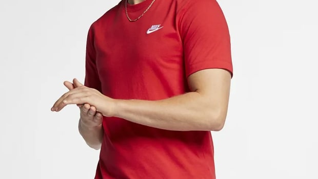 View of red and white Nike t-shirt.