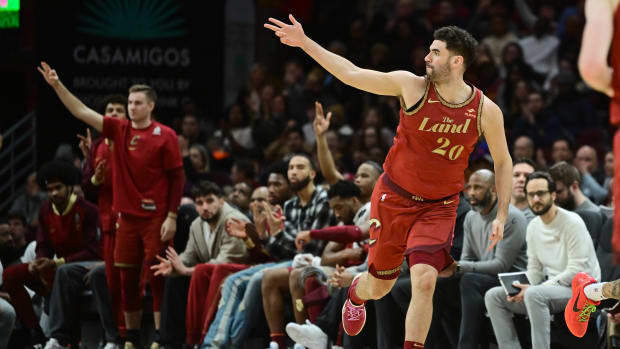Jan 29, 2024; Cleveland, Ohio, USA; Cleveland Cavaliers forward Georges Niang (20) celebrates after hitting a three point basket during the second half against the Los Angeles Clippers at Rocket Mortgage FieldHouse. Mandatory Credit: Ken Blaze-USA TODAY Sports