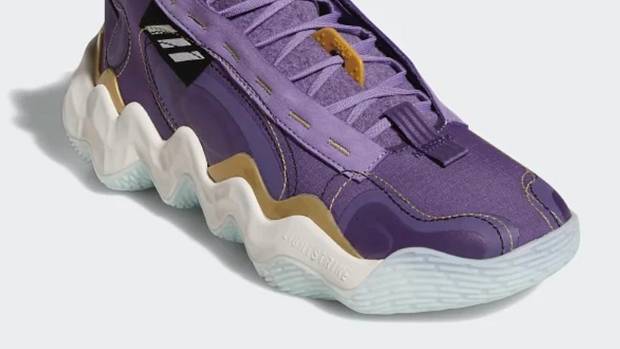 View of purple and white adidas shoe.