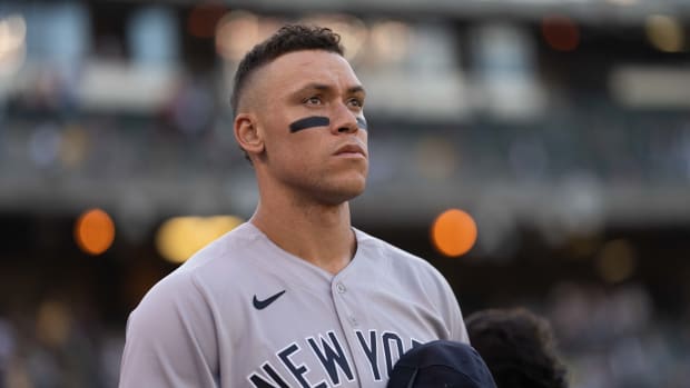 Aaron Judge stands for the National Anthem.