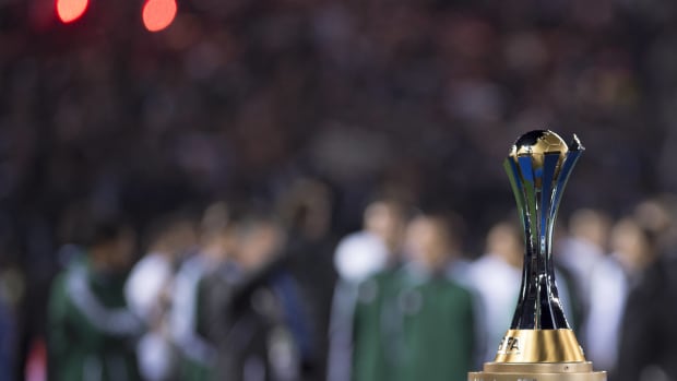 The FIFA Club World Cup trophy is pictured during the 2012 final in which Corinthians beat Chelsea