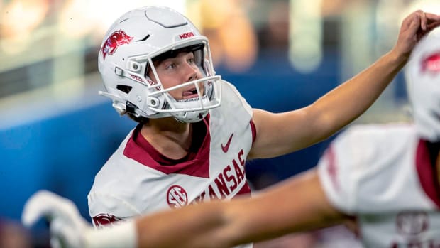 Arkansas Razorbacks kicker Cam Little kicks a field goal during a 23-21 loss to Texas A&M Sept. 24, 2022, at AT&T Stadium in Arlington, Texas. (Michael Morrison / allHOGS Images)