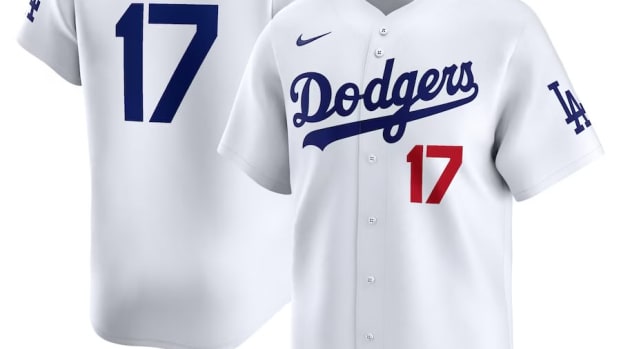Shohei Ohtani's white Los Angeles Dodgers jersey.