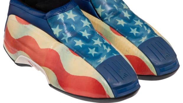 View of Kobe Bryant's American flag-themed adidas shoes.