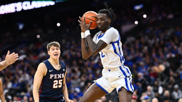 Dec 9, 2023; Philadelphia, Pennsylvania, USA; Kentucky Wildcats forward Aaron Bradshaw (2) grabs a rebound against the Penn Quakers in the first half at Wells Fargo Center. Mandatory Credit: Kyle Ross-USA TODAY Sports