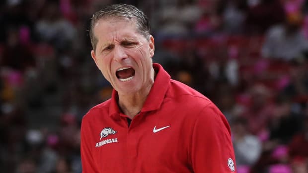 Arkansas coach Eric Musselman gets frustrated during a blowout loss to Tennessee.