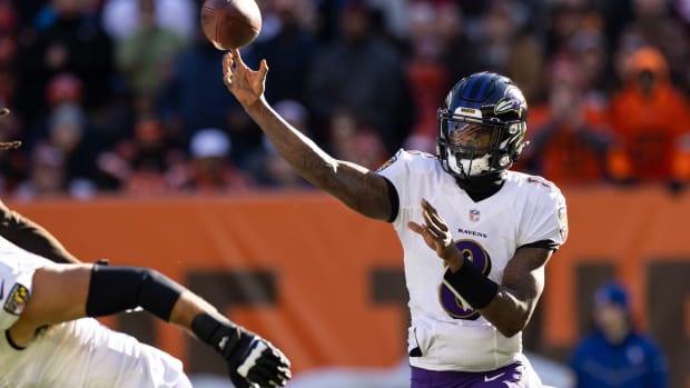 Baltimore Ravens quarterback Lamar Jackson throws the football against the Cleveland Browns.