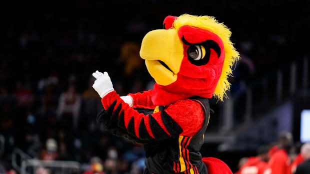 Atlanta Hawks mascot dances on the court.