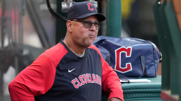 Apr 25, 2022; Anaheim, California, USA; Cleveland Guardians manager Terry Francona watches from the dugout during the game against the Los Angeles Angels at Angel Stadium. Mandatory Credit: Kirby Lee-USA TODAY Sports