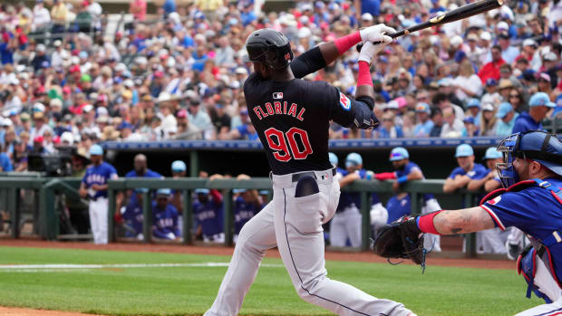 Mar 12, 2024; Surprise, Arizona, USA; Cleveland Guardians right fielder Estevan Florial (90) bats against the Texas Rangers during the first inning at Surprise Stadium. Mandatory Credit: Joe Camporeale-USA TODAY Sports