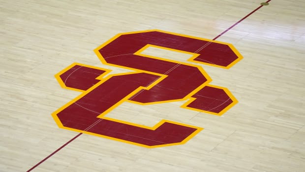 The Southern California Trojans "SC" logo at midcourt at Galen Center.