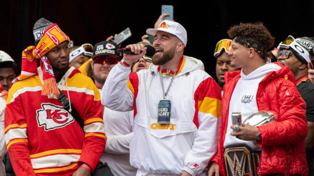 Chiefs tight end Travis Kelces makes a speech at the Super Bowl LVII Champions Parade.