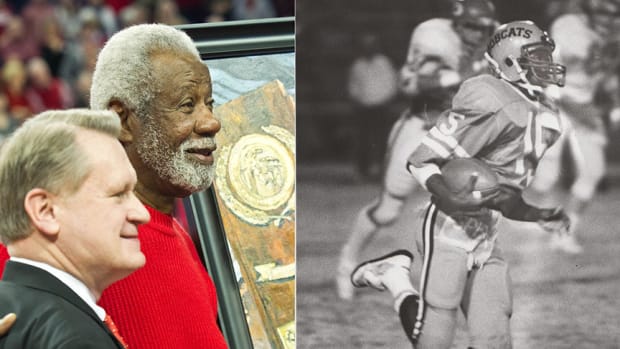 On the left Arkansas basketball coach Nolan Richardson is honored for his national championship. On the right is former Razorback quarterback Greg Thomas playing high school football in San Angelo, Texas.