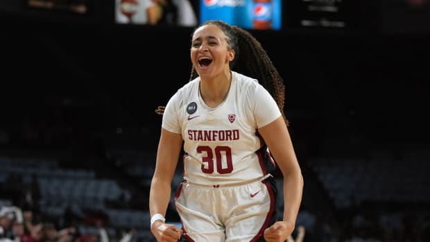 Mar 6, 2022; Las Vegas, NV, USA; Stanford Cardinal guard Haley Jones (30) celebrates in the first half against the Utah Utes in the Pac -12 Conference Women's Tournament Championship at Michelob Ultra Arena. Mandatory Credit: Kirby Lee-USA TODAY Sports