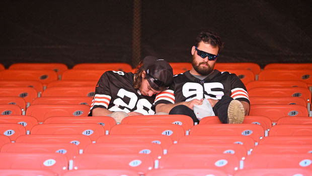 Oct 1, 2023; Cleveland, Ohio, USA; Cleveland Browns fans sit in the stands after a loss to the Baltimore Ravens at Cleveland Browns Stadium.