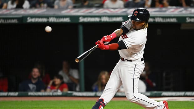 Aug 19, 2022; Cleveland, Ohio, USA; Cleveland Guardians third baseman Jose Ramirez (11) hits a home run during the sixth inning against the Chicago White Sox at Progressive Field. Mandatory Credit: Ken Blaze-USA TODAY Sports