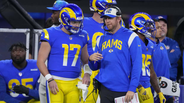 Dec 8, 2022; Inglewood, California, USA; Los Angeles Rams quarterback Baker Mayfield (17) talks with offensive coordinator Liam Coen against the Las Vegas Raiders in the first half at SoFi Stadium. Mandatory Credit: Kirby Lee-USA TODAY Sports