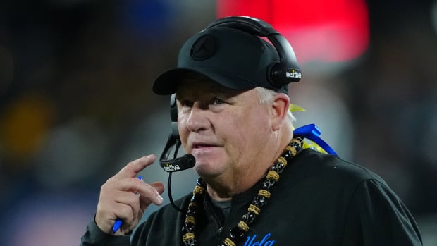 Nov 25, 2023; Pasadena, California, USA; UCLA Bruins head coach Chip Kelly watches from the sidelines in the fourth quarter against the California Golden Bears at Rose Bowl.