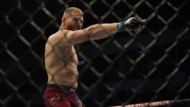 Corey Anderson fights Jan Blachowicz (not pictured) in the light heavyweight bout during UFC Fight Night at Santa Ana Star Arena.