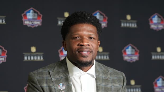 Andre Johnson during the NFL Hall of Fame Class of 2024 press conference at Resorts World Theatre.