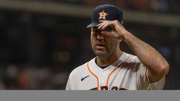 Sep 12, 2023; Houston, Texas, USA; Houston Astros starting pitcher Justin Verlander (35) reacts against the Oakland Athletics at the end of the top of the seventh inning at Minute Maid Park. Mandatory Credit: Thomas Shea-USA TODAY Sports  
