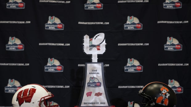 The trophy for the Guaranteed Rate Bowl between Wisconsin and Oklahoma State.