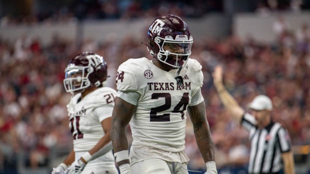 Sep 30, 2023; Arlington, Texas, USA; Texas A&M Aggies linebacker Chris Russell Jr. (24) In action during the game between the Texas A&M Aggies and the Arkansas Razorbacks at AT&T Stadium