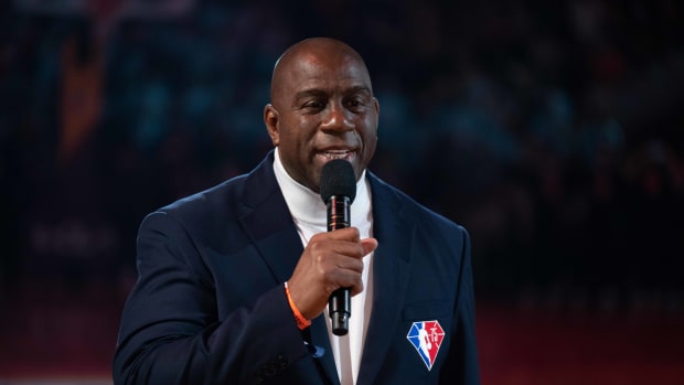 February 20, 2022; Cleveland, Ohio, USA; NBA great Magic Johnson before the 2022 NBA All-Star Game at Rocket Mortgage FieldHouse.
