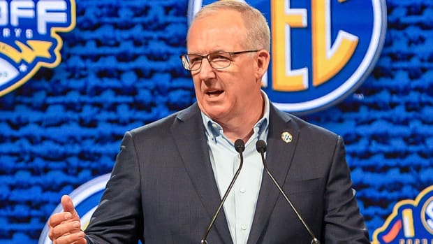 SEC commissioner Greg Sankey addresses the media during his State of the Conference address to open SEC media days.