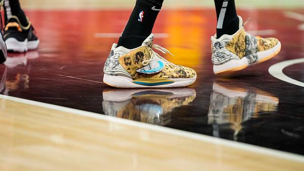 Brooklyn Nets forward Kevin Durant wears his Nike KD 14 sneakers on the court against the Atlanta Hawks on April 2, 2022.