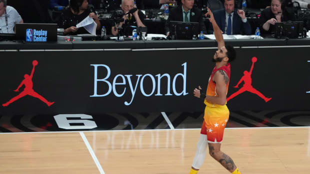 Jayson Tatum celebrates during the 2023 NBA All-Star Game.