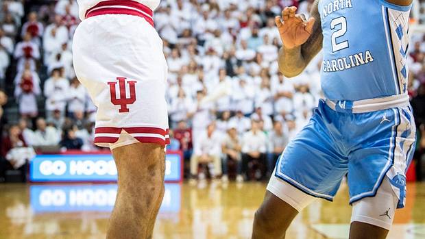 Indiana's Jalen Hood-Schifino (1) scores over North Carolina's Caleb Love (2) during the Indiana versus North Carolina men's basketball game at Simon Skjodt Assembly Hall on Wednesday, Nov. 30, 2022.