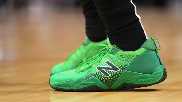 Boston Celtics guard Jaylen Brown wears the New Balance 'TWO WXY LOW' sneakers against the Miami Heat on November 4, 2021.
