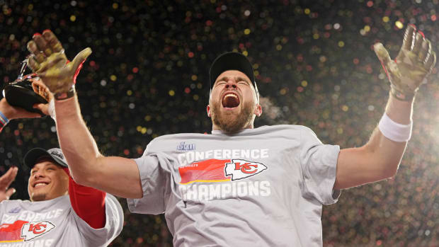 Chiefs tight end Travis Kelce celebrates the AFC Championship victory.