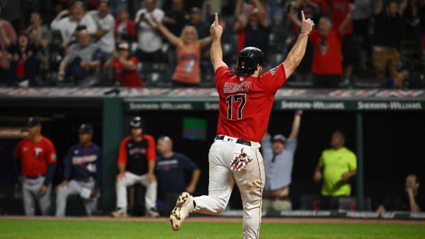 Sep 17, 2022; Cleveland, Ohio, USA; Cleveland Guardians catcher Austin Hedges (17) reacts as he scores the winning run during the fifteenth inning against the Minnesota Twins at Progressive Field. Mandatory Credit: Ken Blaze-USA TODAY Sports