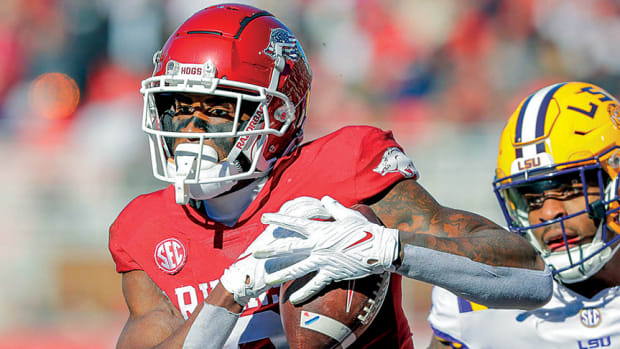 Arkansas Razorbacks wide receiver Matt Landers hauls in a pass in the second half of a game against the LSU Tigers on Saturday, Nov. 12, 2022, at Razorback Stadium in Fayetteville, Ark.