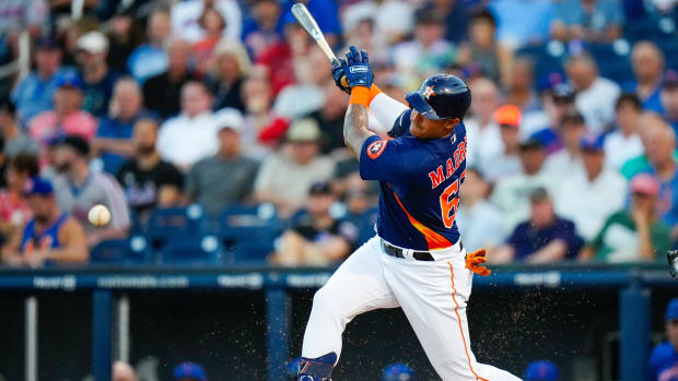 Mar 7, 2023; West Palm Beach, Florida, USA; Houston Astros right fielder Bligh Madris (66) hits a single against the New York Mets during the first inning at The Ballpark of the Palm Beaches. Mandatory Credit: Rich Storry-USA TODAY Sports