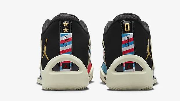 Rear view of white, black, and red Jordan Tatum 1 sneakers.