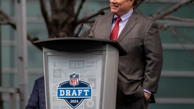 The 2024 NFL draft logo is seen at Campus Martius Park in Detroit on April 14, 2022.