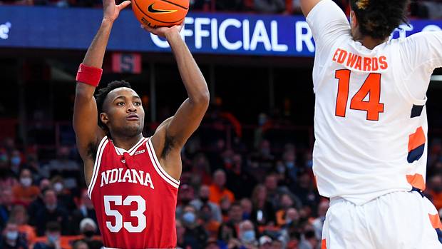 Indiana Hoosiers guard Tamar Bates (53) shoots the ball as Syracuse Orange center Jesse Edwards (14) defends during the first half at the Carrier Dome. (Rich Barnes-USA TODAY Sports)
