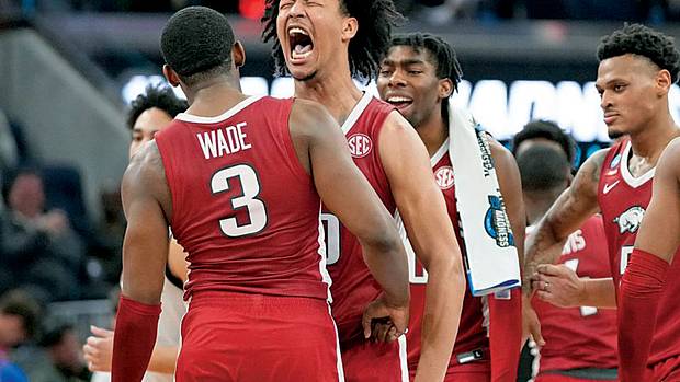 Arkansas forward Jaylin Williams celebrates a big play during an upset of No. 1 Gonzaga in the NCAA Tournament.