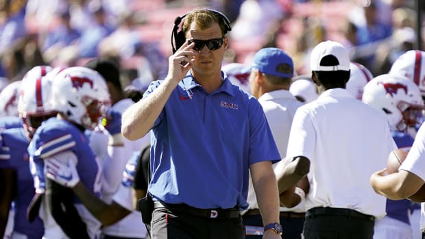 Southern Methodist Mustangs head coach Rhett Lashlee stands on the sidelines during the first half against the Cincinnati Bearcats at Gerald J. Ford Stadium.