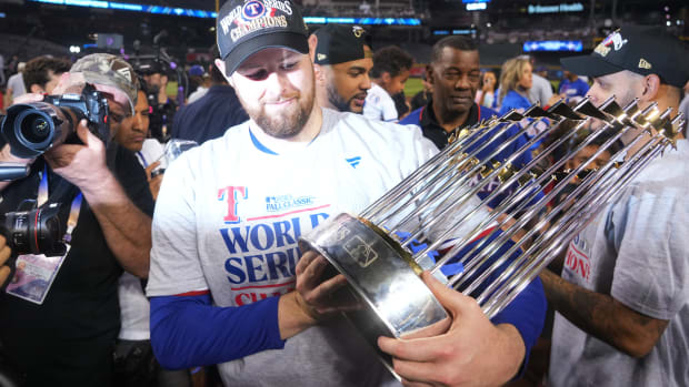 Former Texas Rangers starting pitcher Jordan Montgomery, seen here celebrating the club's 2023 World Series championship on Nov. 1 at Chase Field in Phoenix, is one of a group of agent Scott Boras clients still available on the free agent market..
