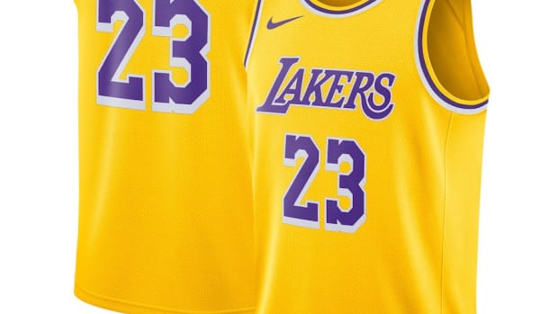 LeBron James' gold and purple Los Angeles Lakers jersey.