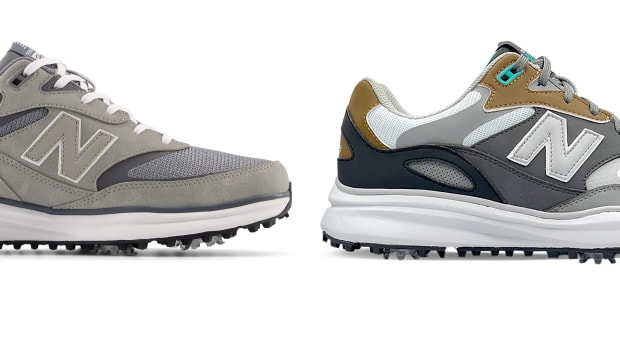Side view of grey New Balance golf shoes.